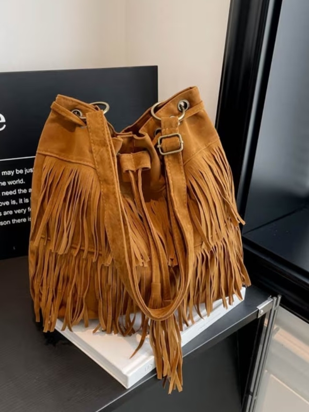 Suede Fringe Bucket Bag - Tan
